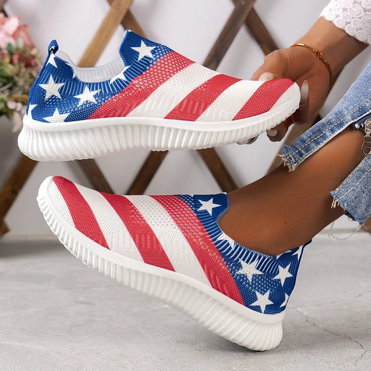 Striped Star Pattern Print Slip On Casual Lightweight Sneakers