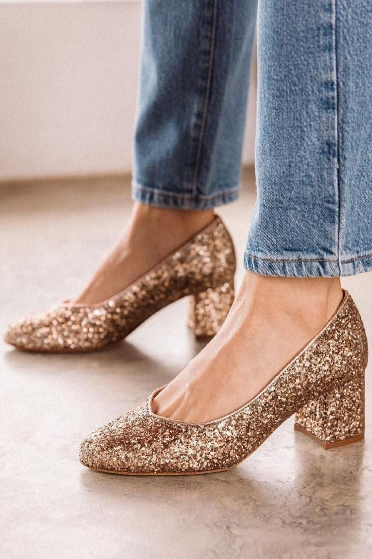Eleganti scarpe con tacco a blocco e punta rotonda in glitter color oro champagne [Pre-ordine]