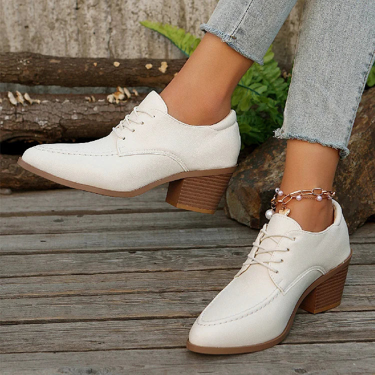 Patchwork Stitch Detail Pointed Toe Chunky Heel Lace Up Oxfords