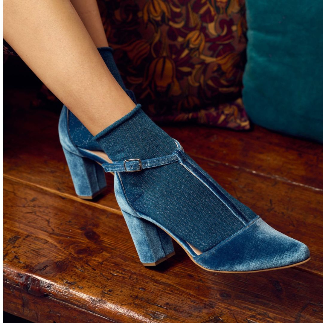 Chic Blue Velvet Pointed Toe T-Strap Block Heels [Pre Order]
