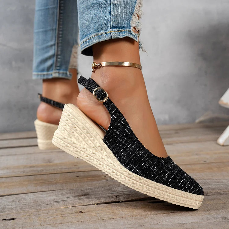 Raw Trim Pointed Toe Slingback Strap Buckle Wedge Sandals