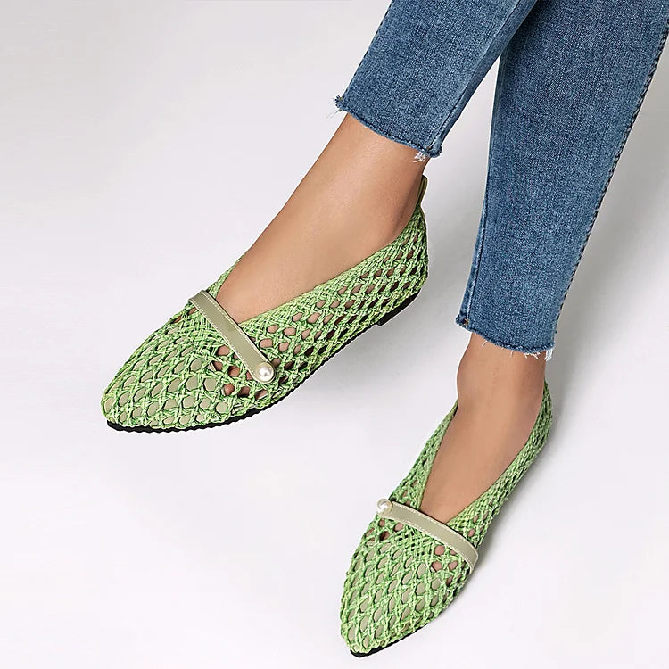 Patchwork Hollow Out Fishnet Instep Strap Pointed Toe Flats