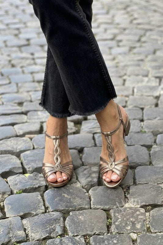 Vintage Metallic Bronze Braided T-Strap Block Heel Sandals [Pre Order]