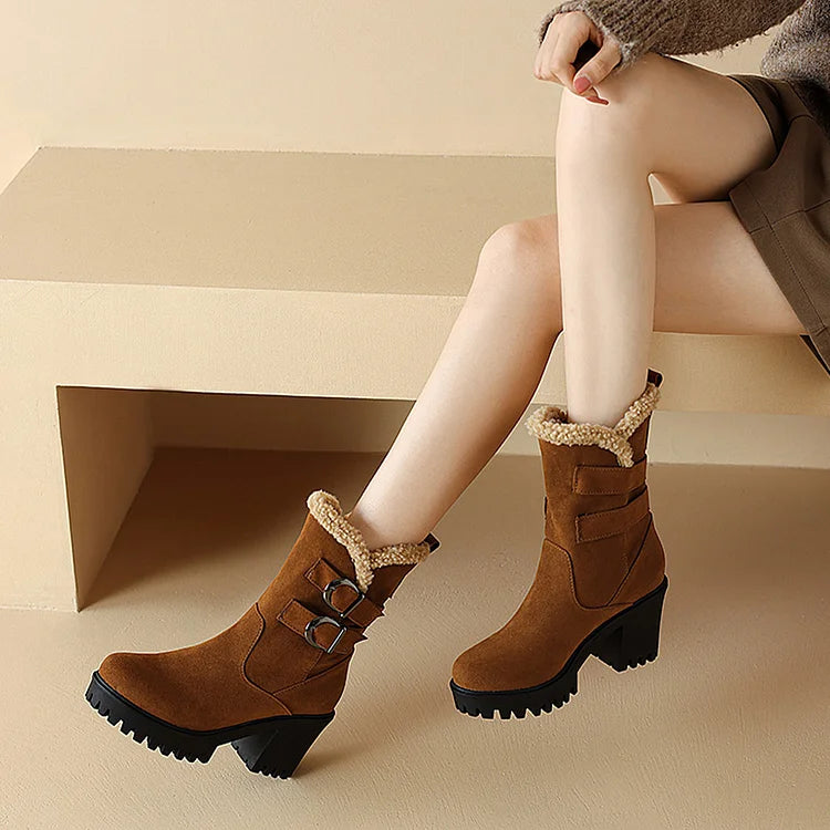 Two Straps Buckles Patchwork Round Toe Chunky Heel Mid Boots