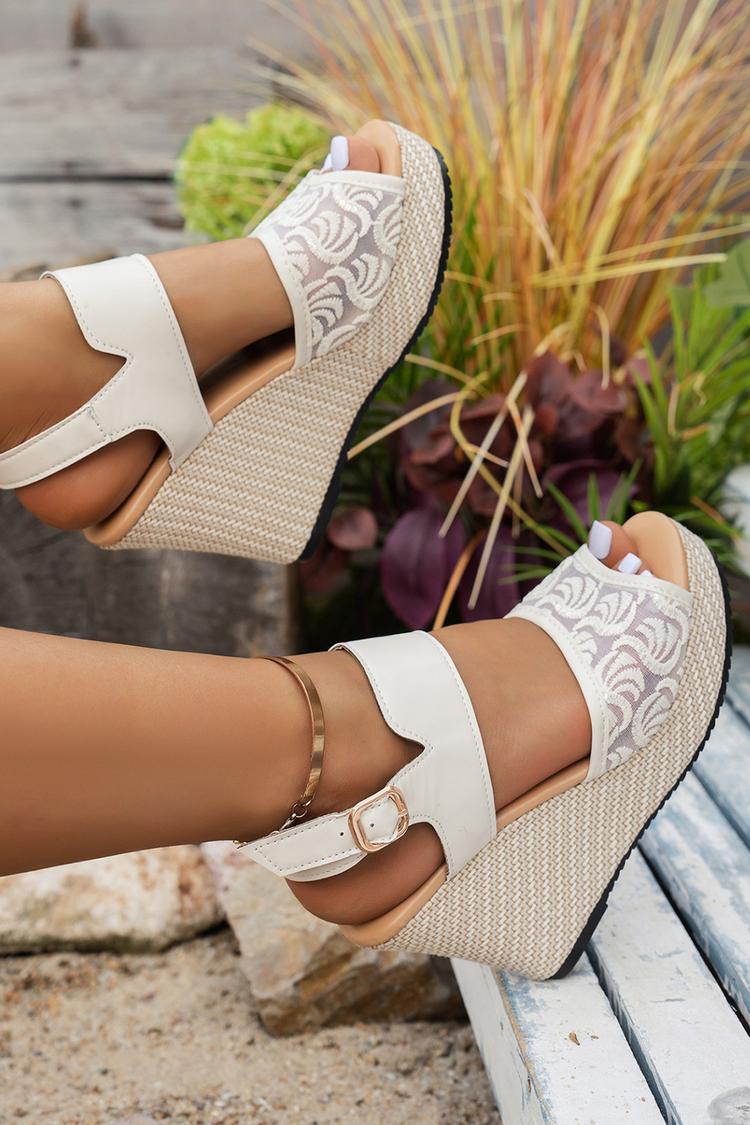 Sandali con zeppa casual da esterno con punta aperta, cinturino alla caviglia irregolare e fibbia 
