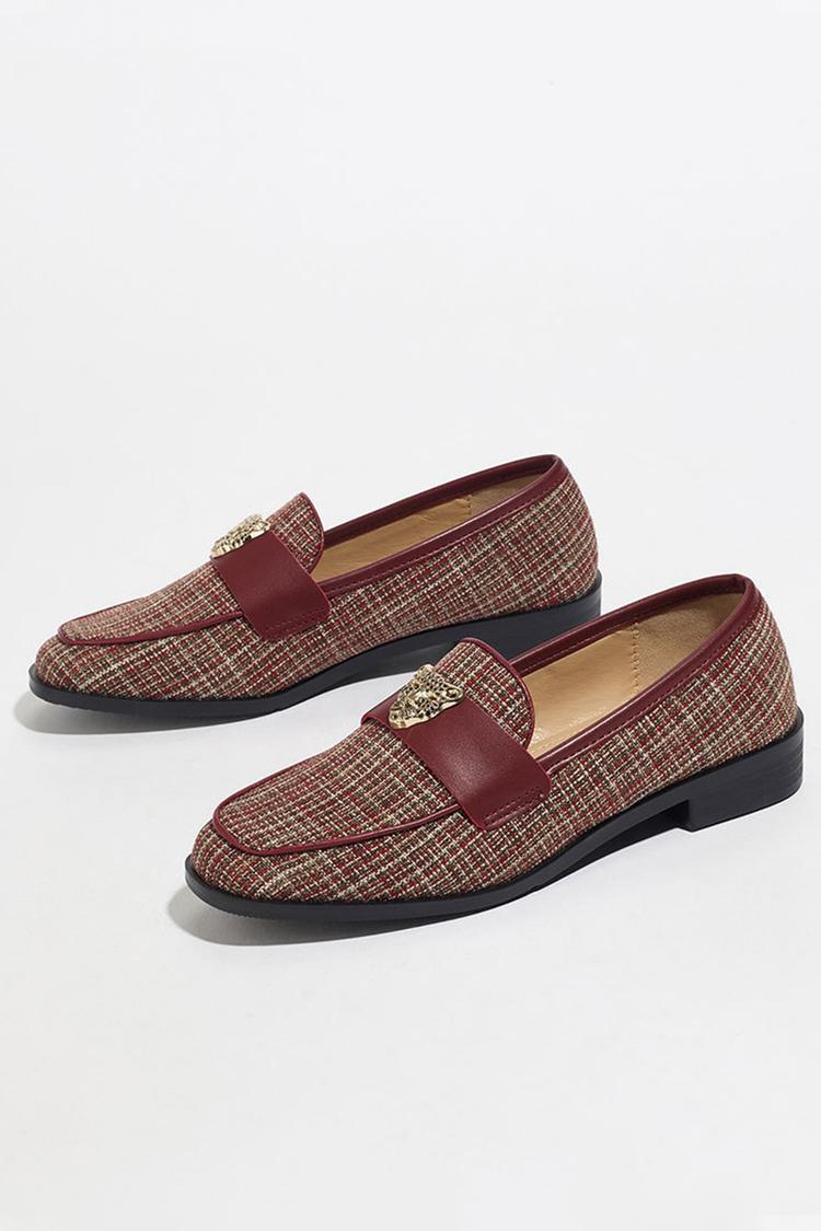 Metall Leopard Kopf Dekor Patchwork Quadratische Zehe Freizeit Slipper