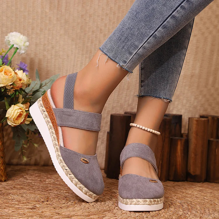 Metal Decor Slingback Strap Closed Toe Plain Espadrille Wedge Sandals