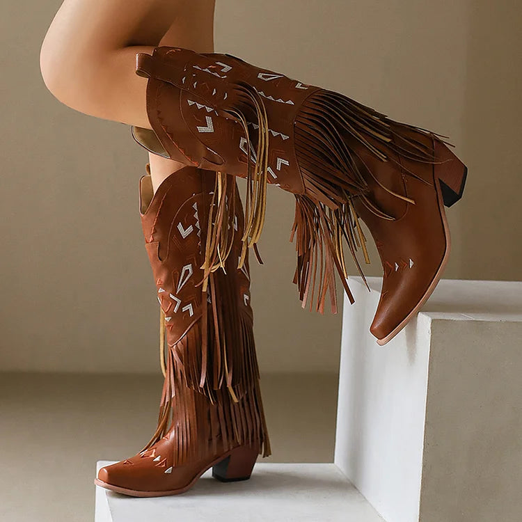 Tribal Pattern Embroidery Fringe Pointed Toe Chunky Heel Western Boots