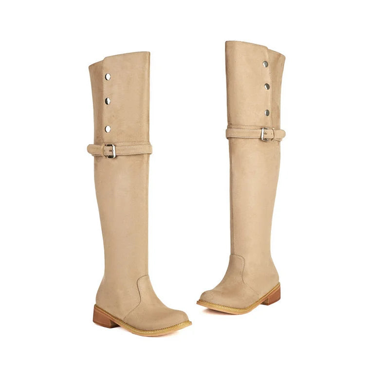 Metal Button Strap Buckle Decor Round Toe Over The Knee Boots