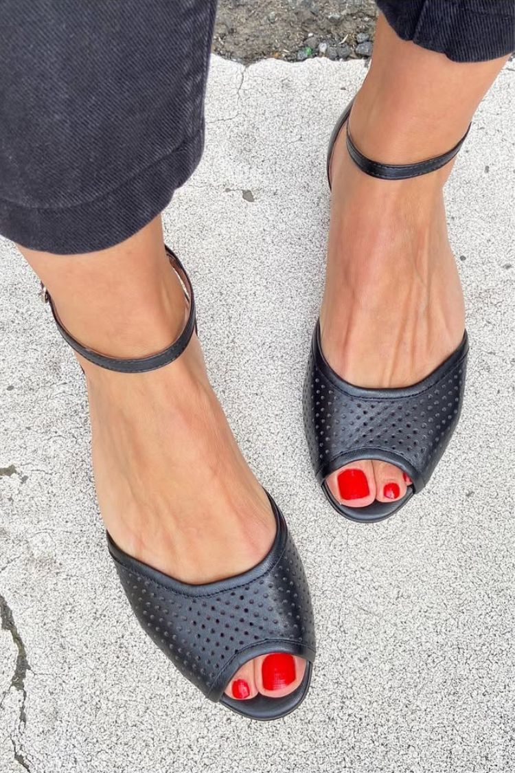 Solid Color Perforated Peep Toe Ankle Strap Flat Casual Sandals [Pre Order]