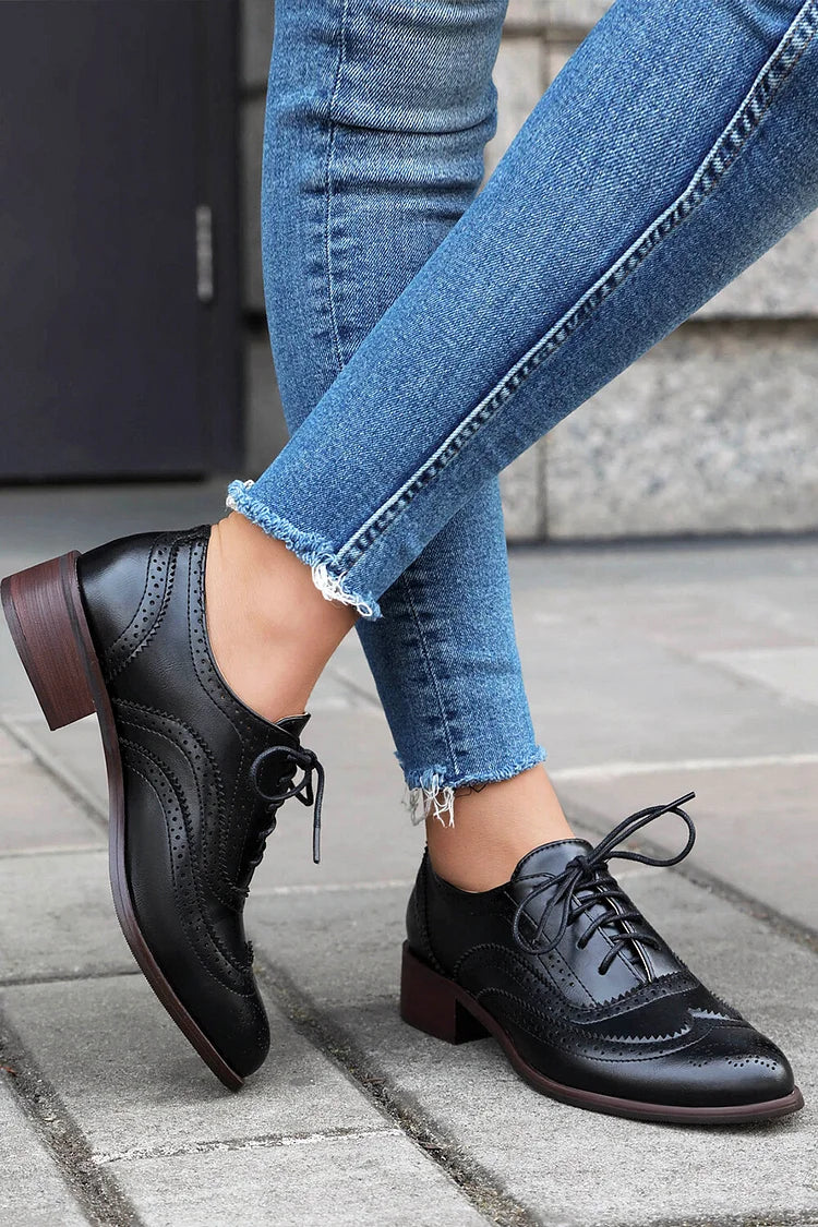 Colorblock Round Toe Low Block Heel Lace Up Brogue Oxfords
