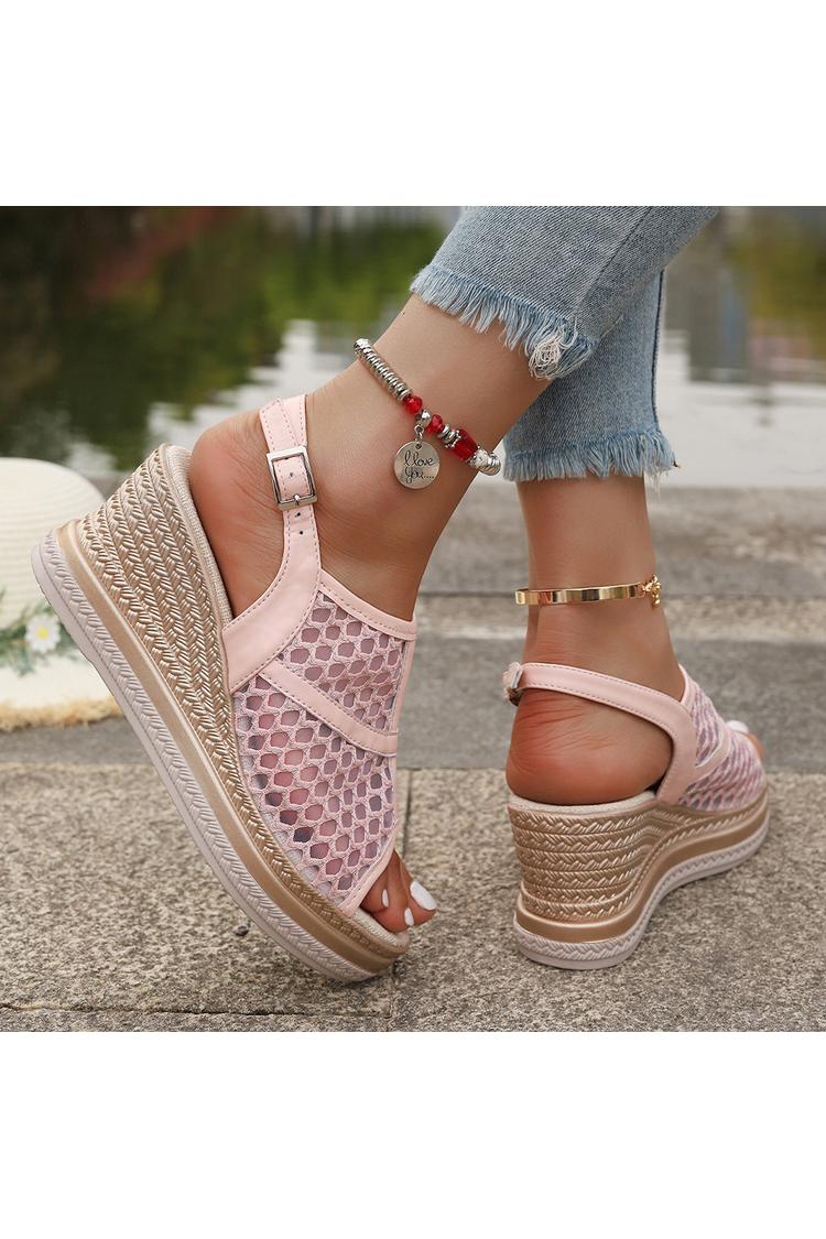 Zeppe casual in rete con cinturino alla caviglia con fibbia e punta aperta patchwork