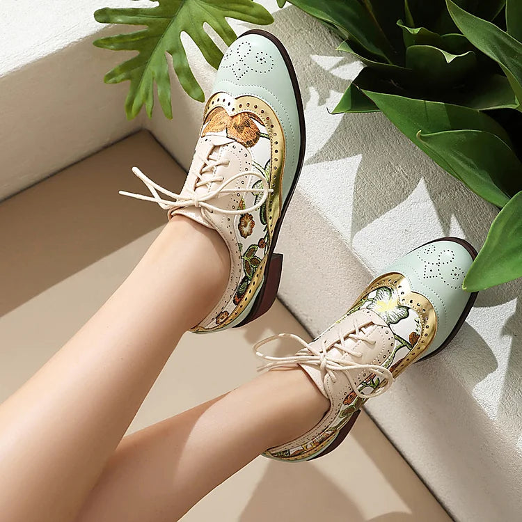 Floral Print Colorblock Patchwork Rundspitze Schnür-Brogue Oxfords