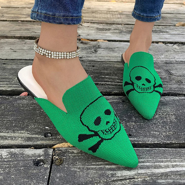 Casual Skull Print Pointy Toe Breathable Knit Mules