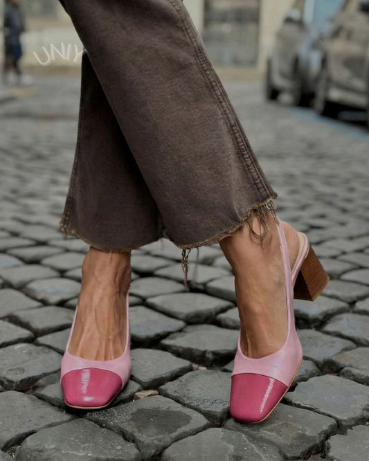 Vintage roze kleurvlak pumps met vierkante neus en blokhak [Vooraf bestellen]