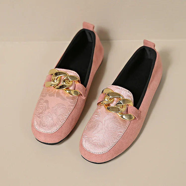 Floral Jacquard Patchwork Metal Chain Decor Round Toe Loafers