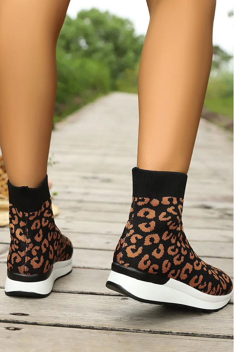 Colorblock Leopard Pattern Round Toe Casual Pull On Ankle Boots