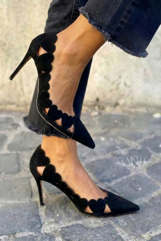 Vintage Black Suede Scalloped Heart Pointed Toe High Heels [Pre Order]
