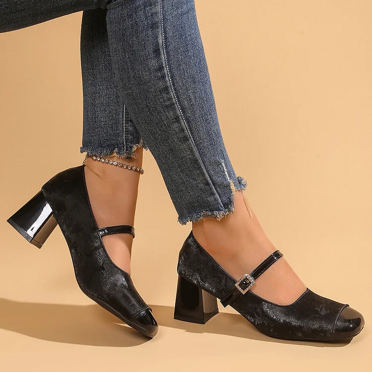 Scarpe con tacco grosso, punta quadrata, cinturino sul collo del piede patchwork e fibbia 