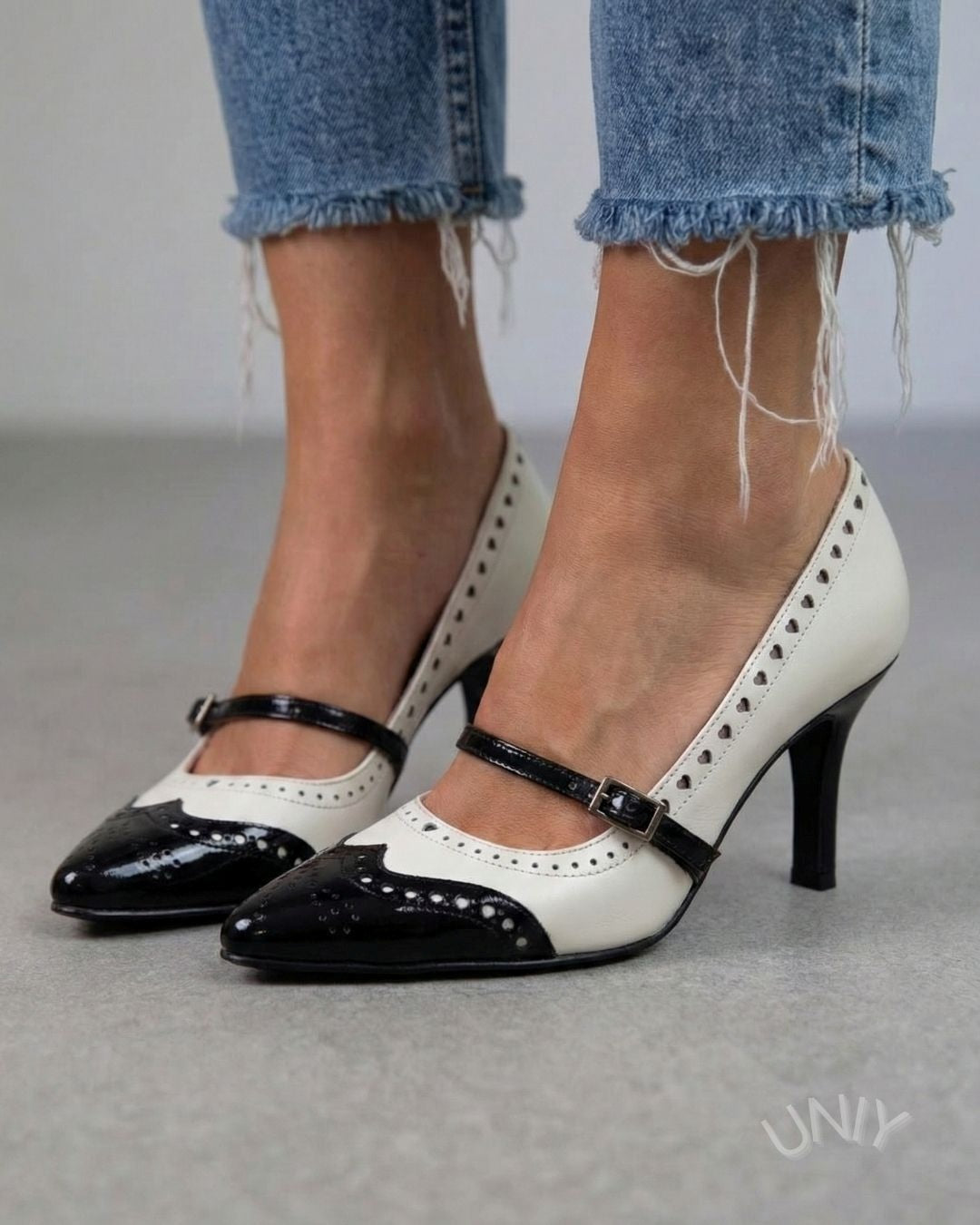 Black White Wingtip Brogue Mary Jane Pointed Toe Heels