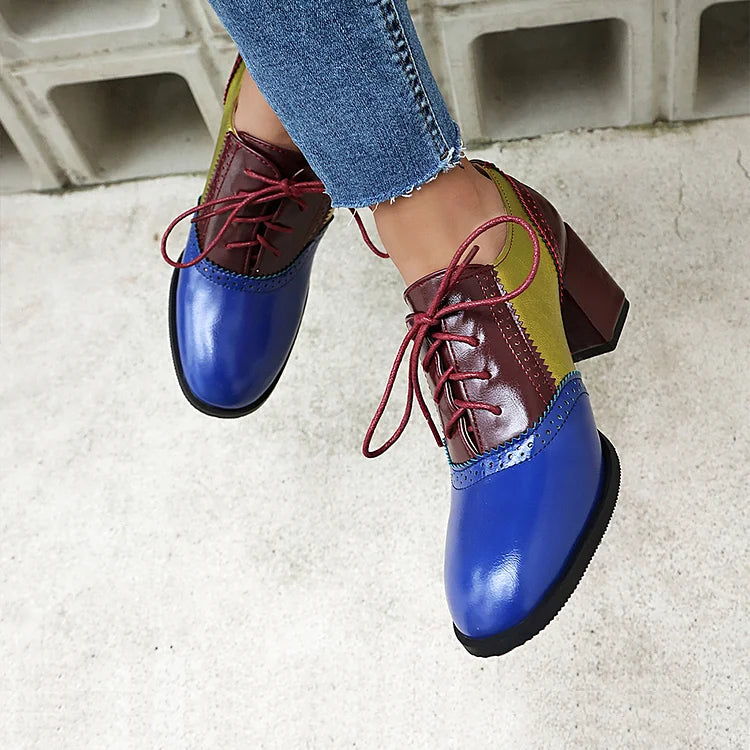Lace Up Colorblock Round Toe Chunky Heel Brogue Oxfords