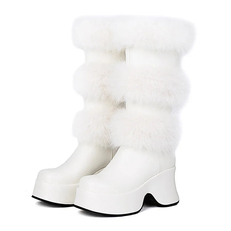 Solid Color Fluffy Trim Round Toe Chunky Heel Platform Mid Calf Boots