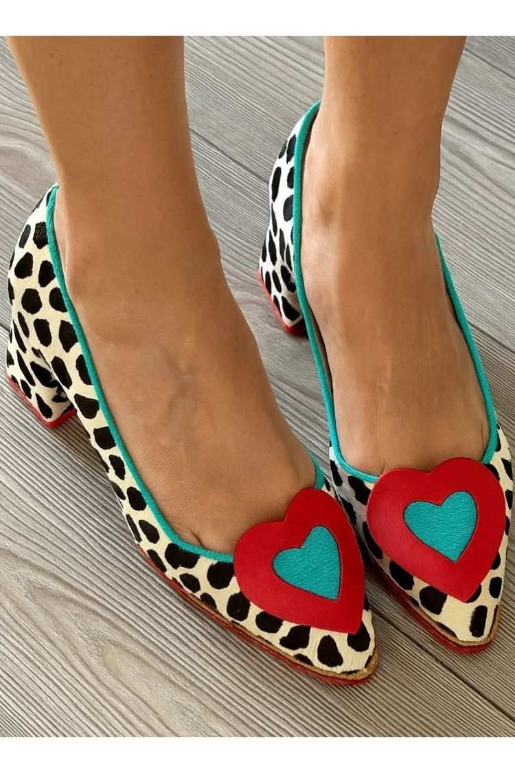 Red Heart Inlay Dalmatian Print Block Heel Pumps [Pre Order]