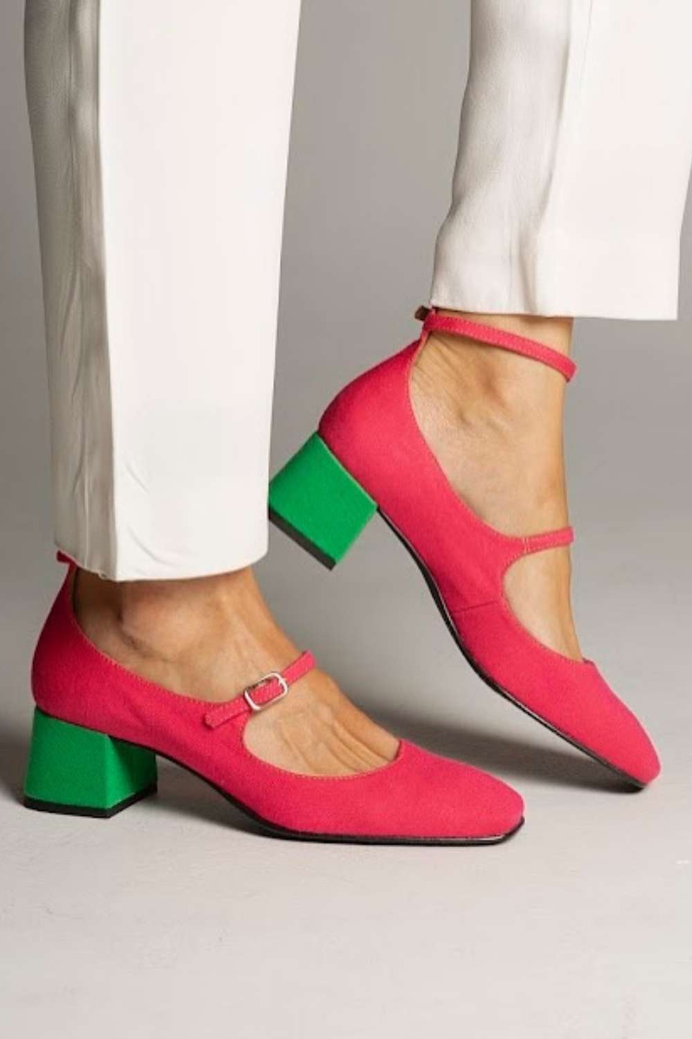 Colorblock Square Toe Two Straps Buckles Red Chunky Heels [Pre Order]