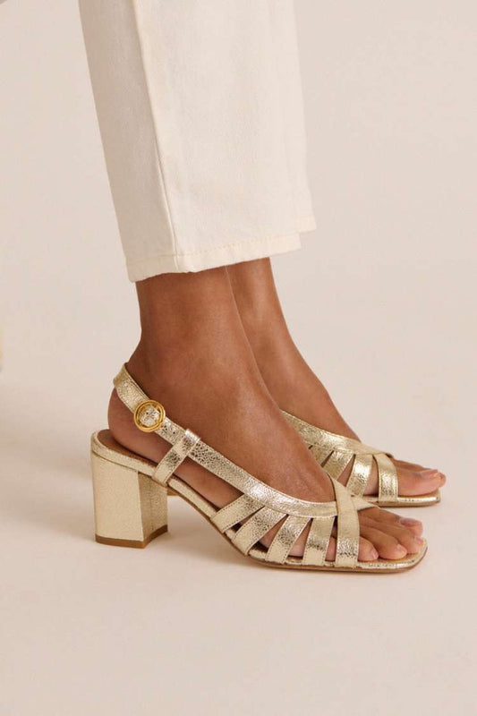 Metallic Leder Riemchen Slingback Blockabsatz Sandalen [Vorbestellung]