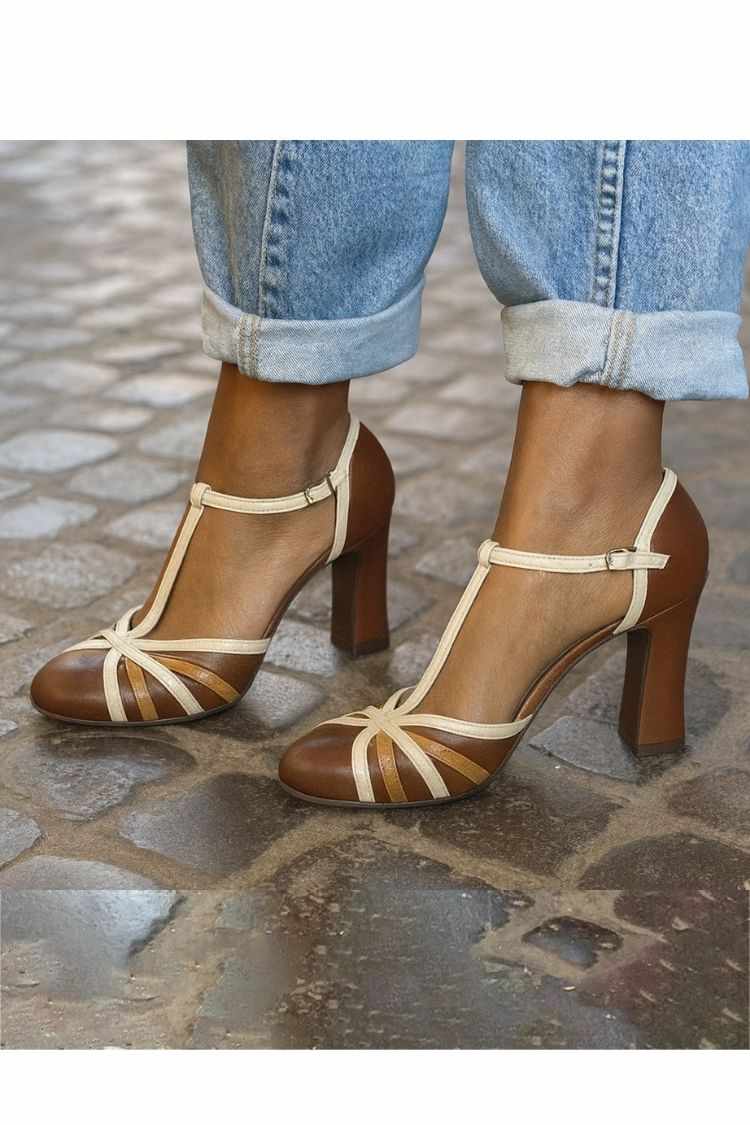 Scarpe con tacco a blocco e cinturino a T bicolore in pelle vintage