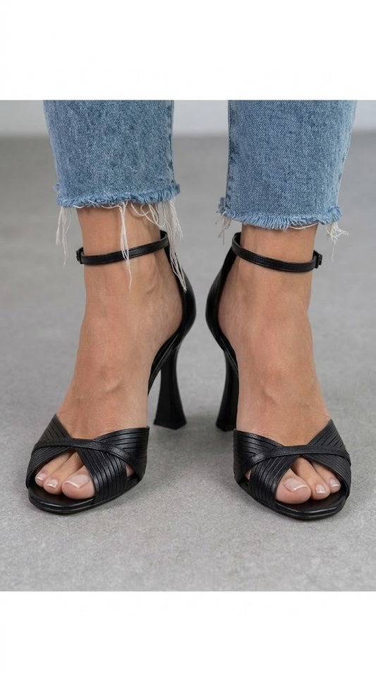 Black Leather Criss Cross Ankle Strap Sandals [Pre Order]