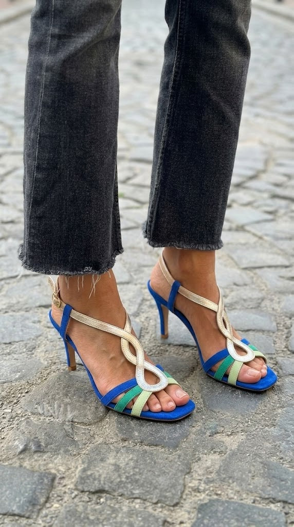Blaue Metallic Riemchen Slingback Wildleder Kitten Sandal Heels [Vorbestellung]