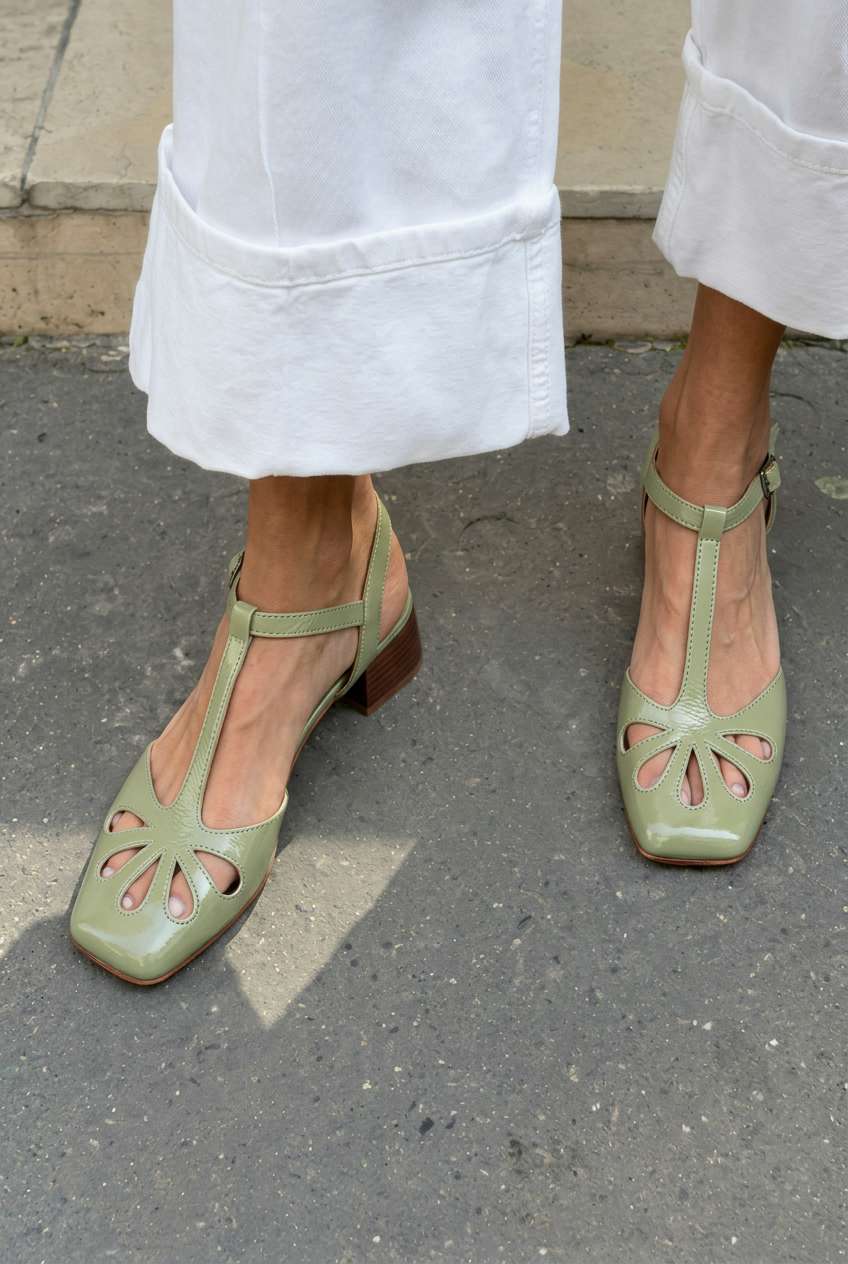 Floral Cutout Square Toe T-Strap Orange Block Heels