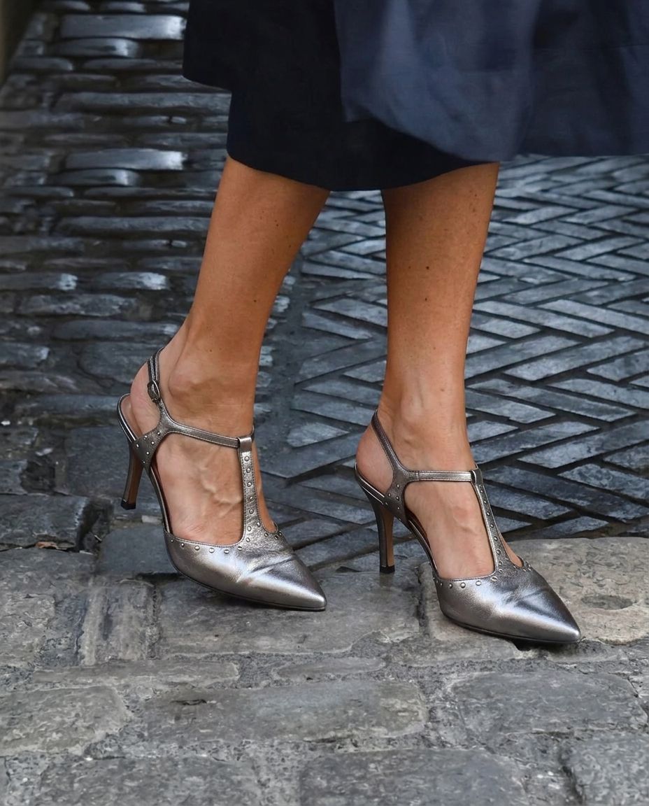 Studded T-Strap Pointed Toe Slingback Stiletto Pumps [Pre Order]