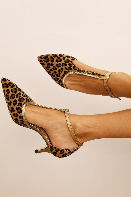 Leopard Haircalf Metallic Trim T-Strap Pointy Kitten Heels [Pre Order]