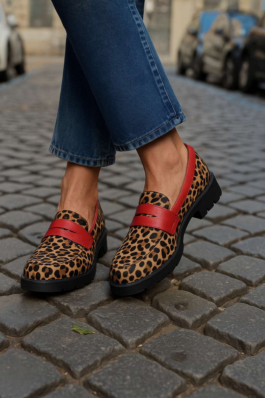 Trendige Loafers mit Leopardenmuster, rotem Riemen und rundem Zehenbereich