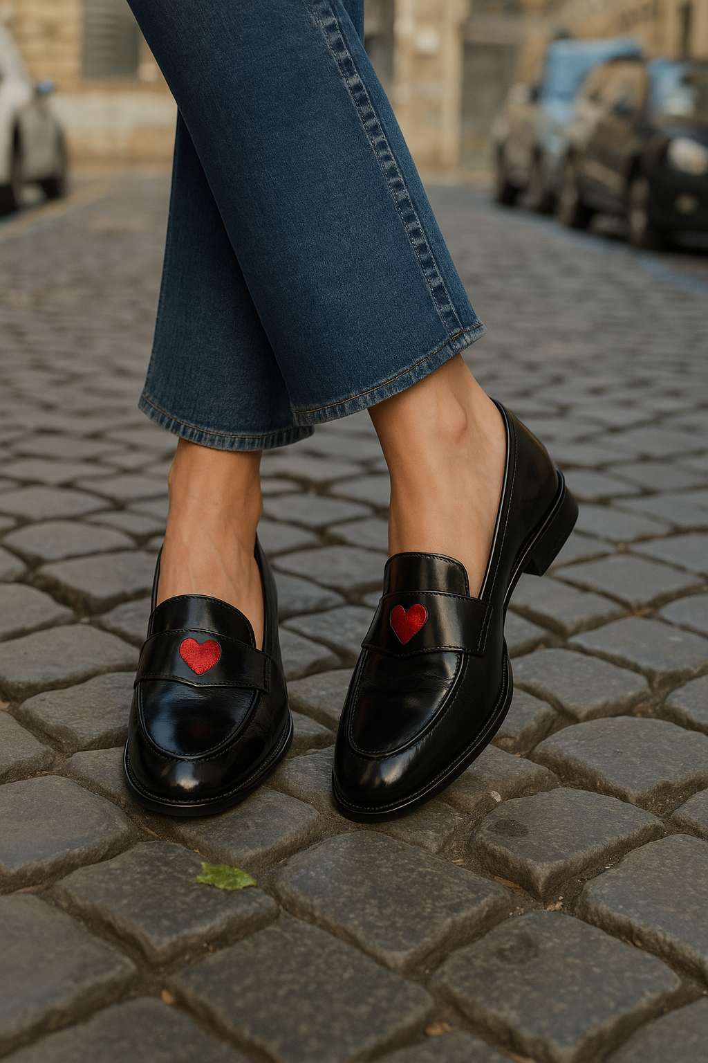 Trendige schwarze Lackleder-Loafer mit Herzdetail und klassischer runder Zehenpartie