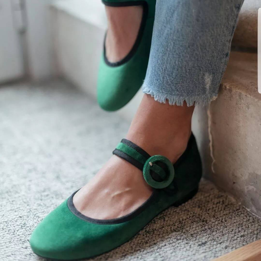 Emerald Green Suede Belted Buckle Strap Flats