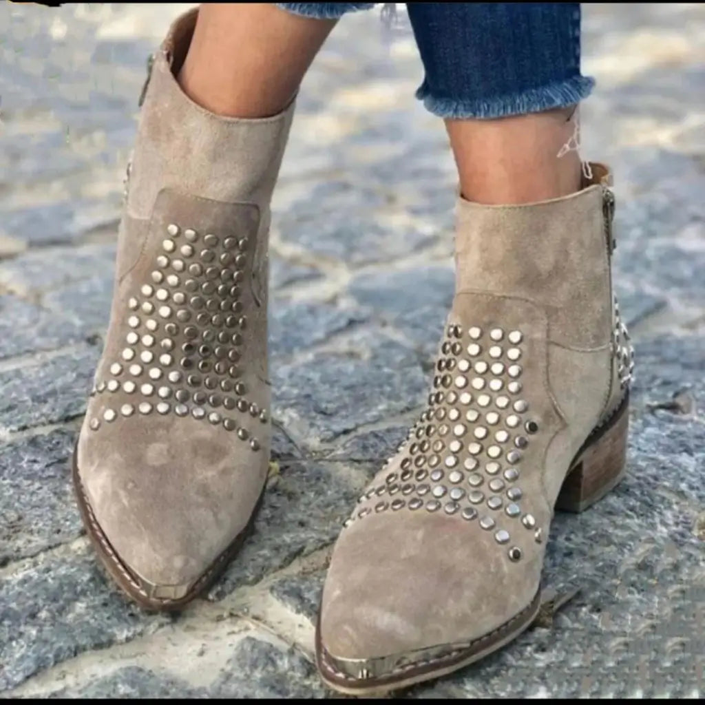 Studded Suede Textured Pointy Toe Chunky Boots