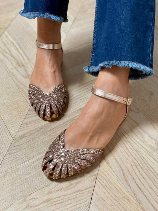 Glitzernde Ausgeschnittene Runde Zehen Champagner Sandalen [Vorbestellung]