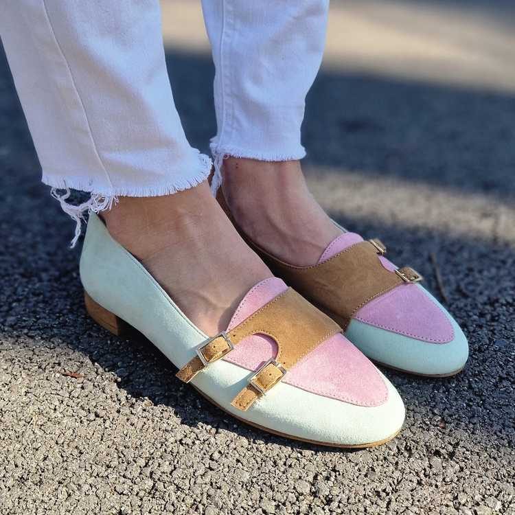 Wildleder Pastell Colorblock Doppel-Mönchslatschen [Vorbestellung]