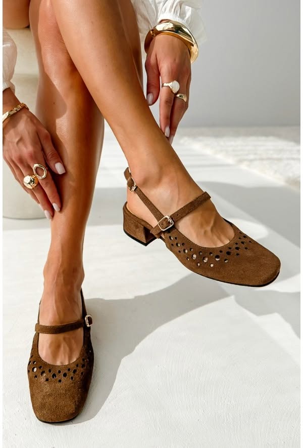 Perforated Suede Square Toe Slingback Brown Block Heels [Pre Order]