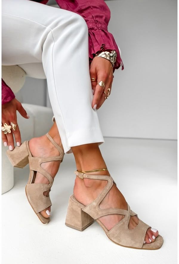 Suede Square Toe Ankle Strap Beige Block Heels [Pre Order]