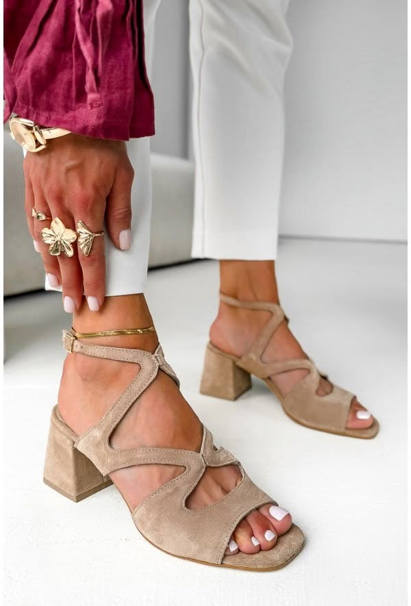 Suede Square Toe Ankle Strap Beige Block Heels [Pre Order]