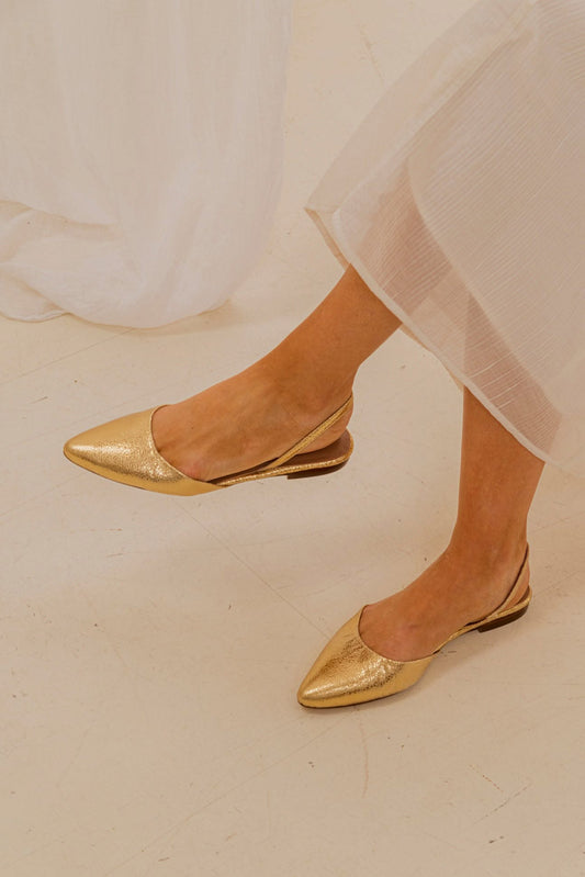 Metallic Textured Pointed Toe Slingback Gold Flat Shoes [Pre Order]