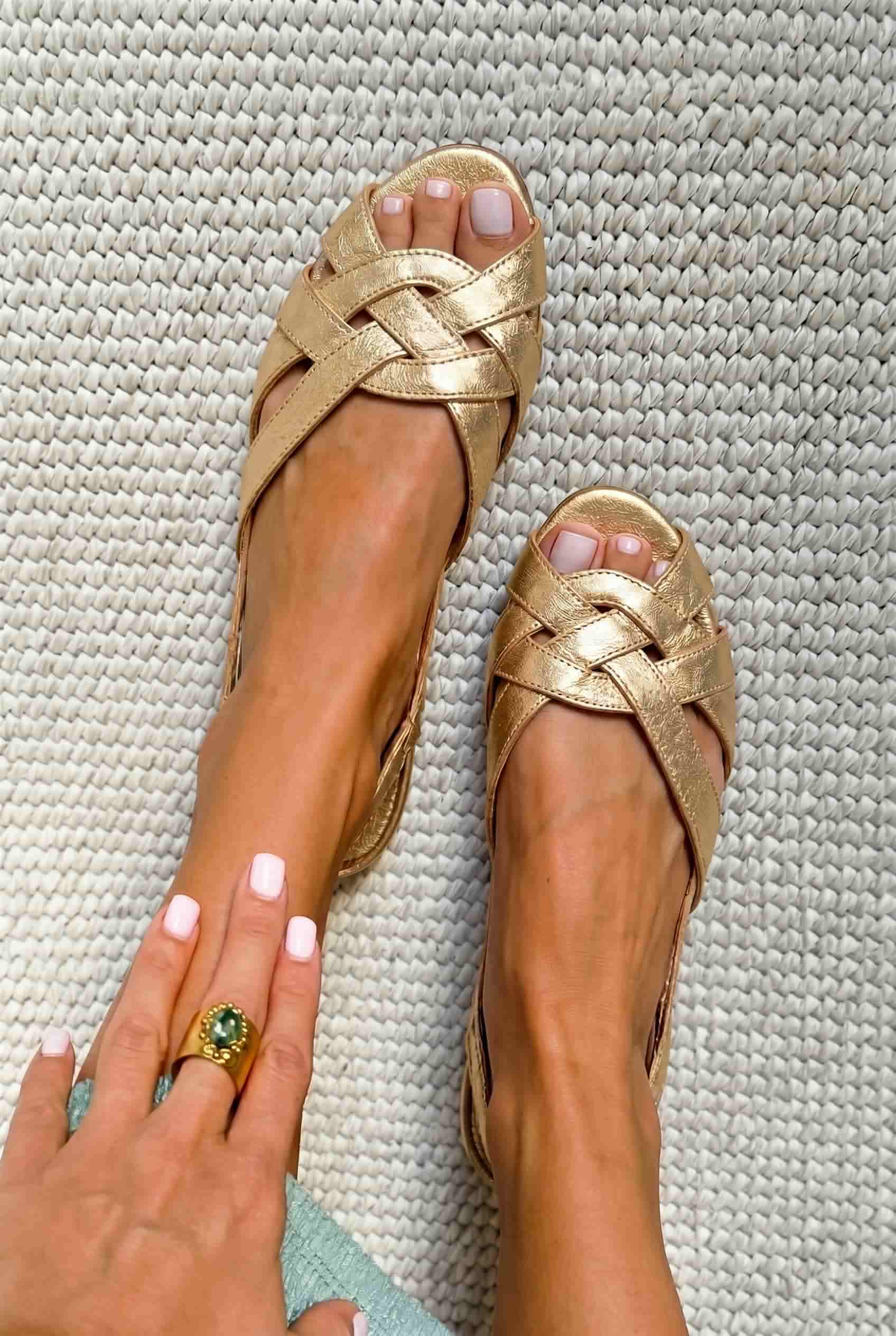 Metallic Woven Peep Toe Slingback Flat Sandals [Pre Order]