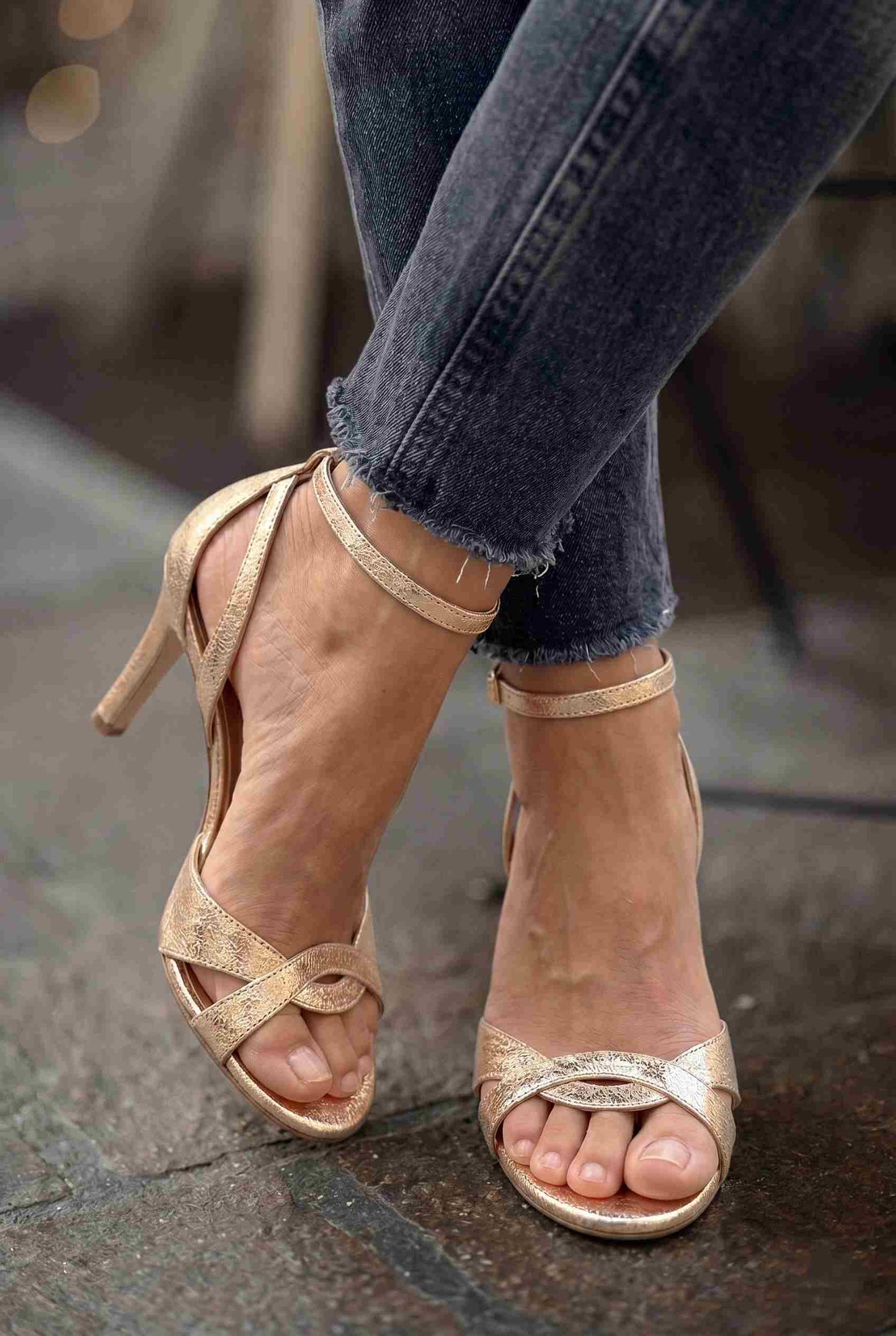 Textured Open Toe Ankle Strap Rose Gold Stiletto Heels [Pre Order]