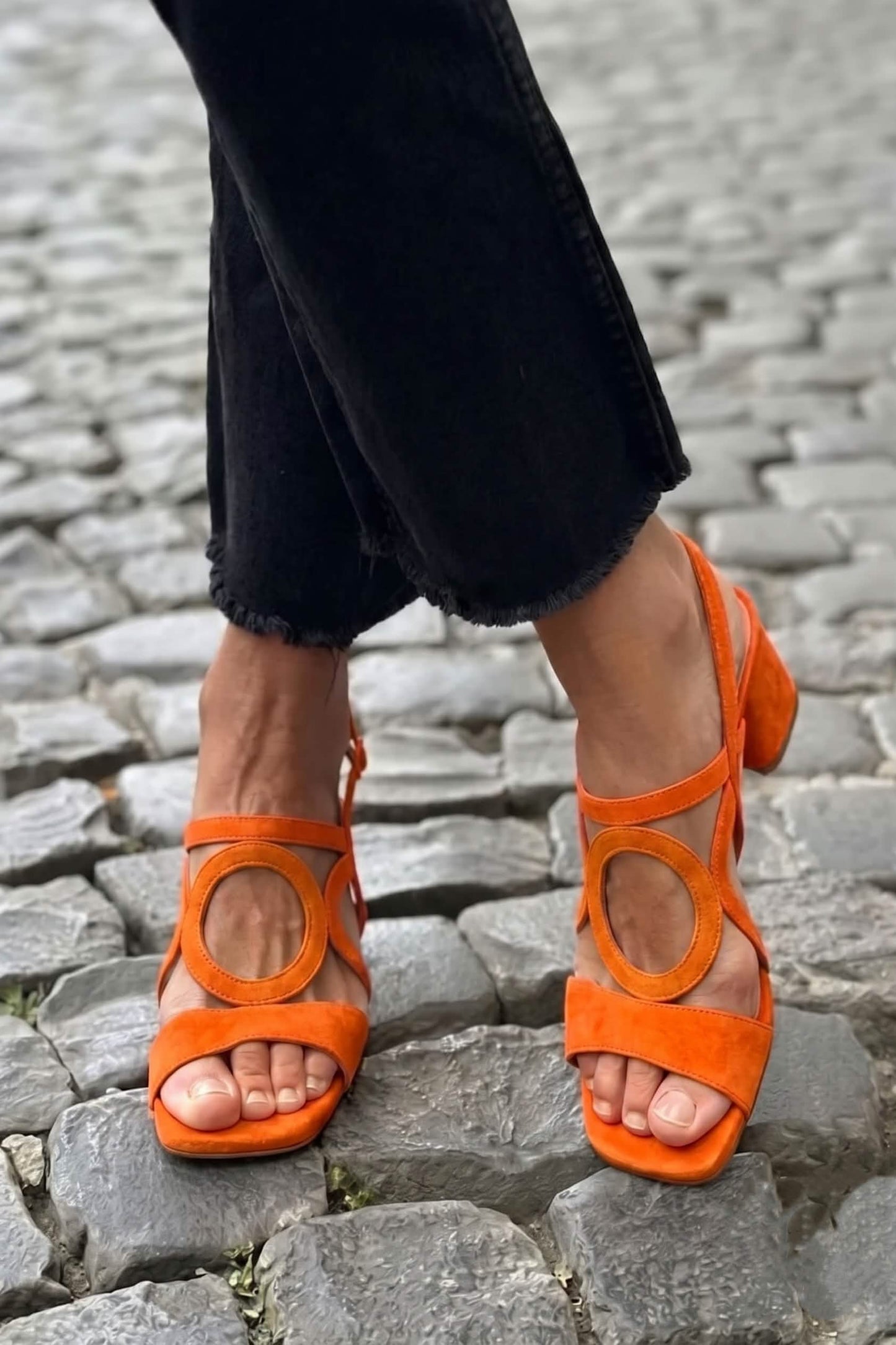 Square Toe Round Cut Out Slingback Strap Yellow Sandals Heels