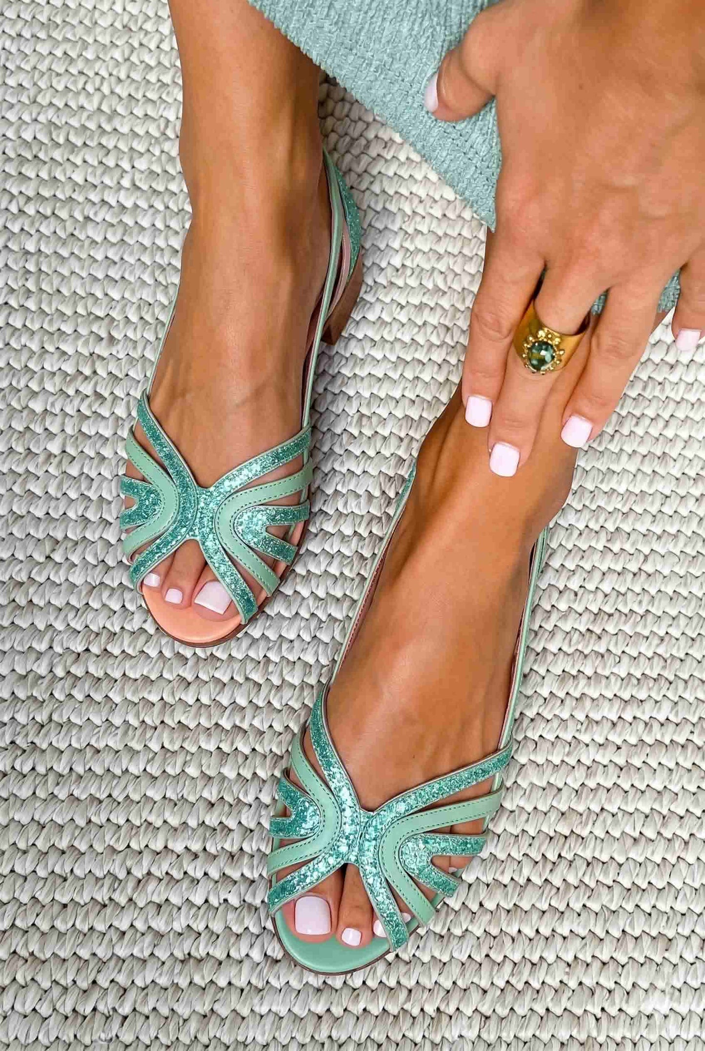 Glitter Cutout Peep Toe Slingback Mint Flat Sandals [Pre Order]