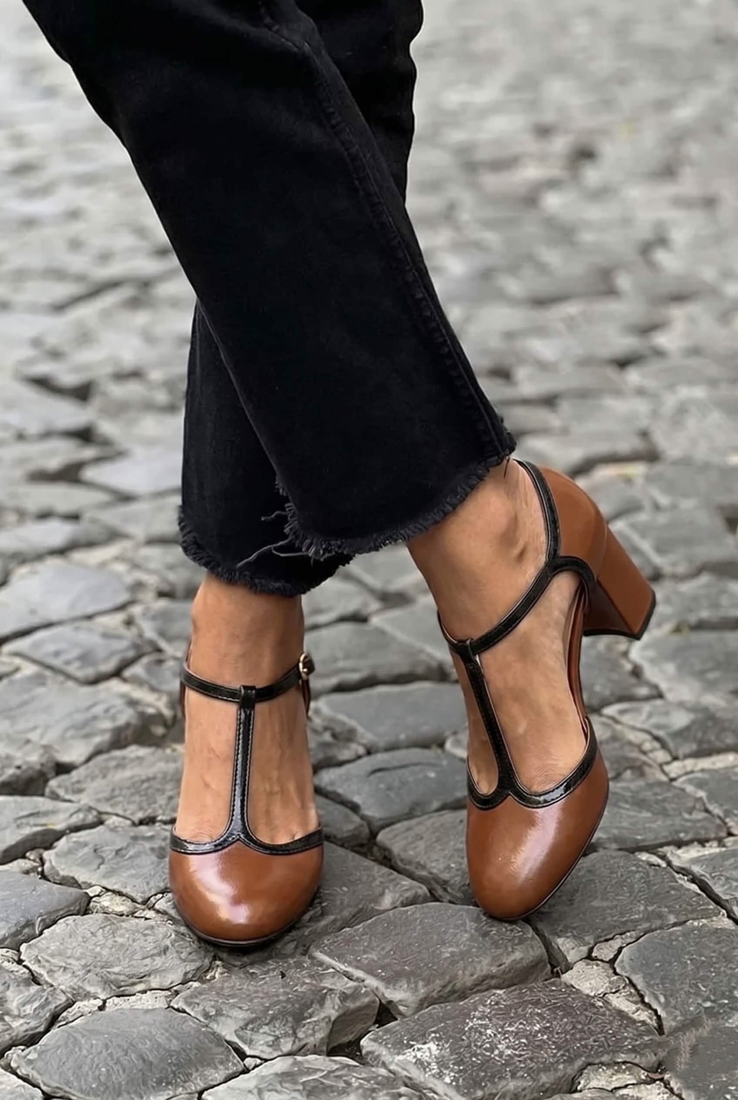Two-Tone Leather T-Strap Round Toe Block Heels [Pre Order]